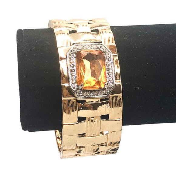 Gold tone lattice clamper bracelet with amber glass stone rhinestone halo - Picture 10 of 10